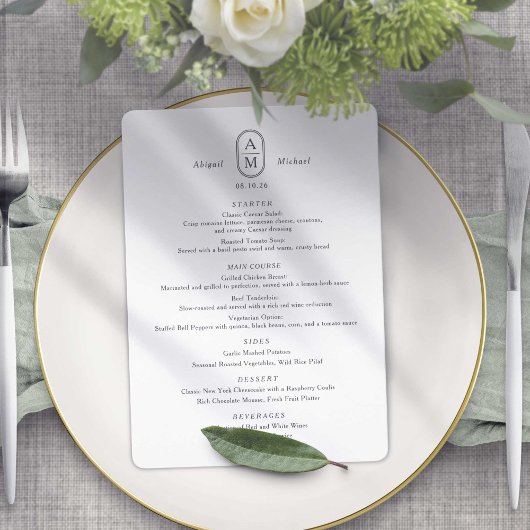 Moderne Eleganz, einfache Bogeninitialen Hochzeit Menükarte