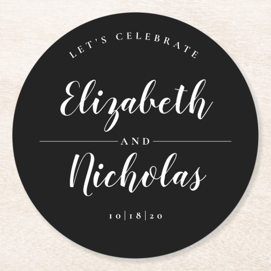 Moderne Eleganz Schwarz-Weiß-Hochzeit Runder Pappuntersetzer (Vorderseite)