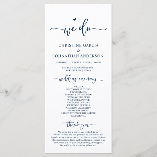 Moderne Eleganz, wir tun, Hochzeitsfeierlichkeiten Programm (Vorderseite)