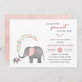 Moderne Elephant Pink Floral Girl Babydusche Einladung (Vorne/Hinten)