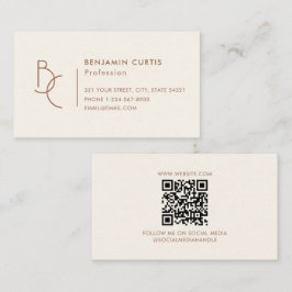 Moderne Elfenbein-Braun-Monogramm-Minimalist- QR-C Visitenkarte