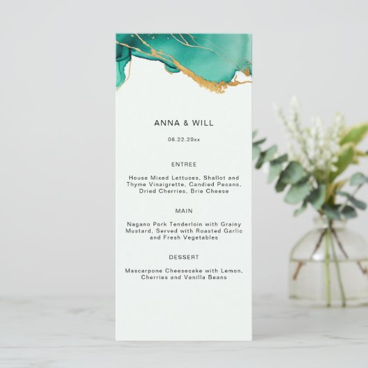 Moderne Emerald Gold Aquamarin Summer Beach Chic H Menükarte (Stehend Vorderseite)