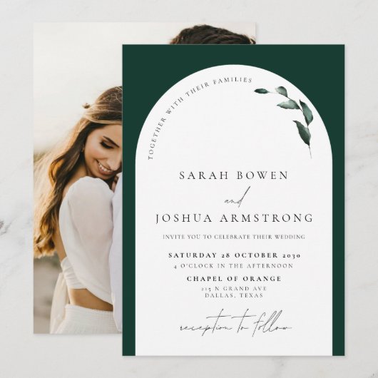 Moderne Emerald Green Arch Botanical Foto Wedding Einladung (Vorne/Hinten)