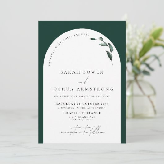 Moderne Emerald Green Arch Botanical Foto Wedding Einladung (Stehend Vorderseite)