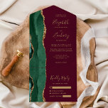 Moderne Emerald Green Gold Agate Burgundy Wedding All In One Einladung<br><div class="desc">Die links Kulisse dieser eleganten, modernen und einladenden Hochzeitseinladung und der UAWG mit einem smaragdgrünen Aquarellrand besticht durch den goldenen Glitzer der Imitate. Der anpassbare Text kombiniert goldfarbenes whimsical Handschriftzeichen, Copperplate und kursiv Schriftart auf bordeauxfarbenem Hintergrund. Die Rücksendeadresse erscheint auf der Außentafel und auf der Rückseite der abnehmbaren RSVP-Karte in...</div>