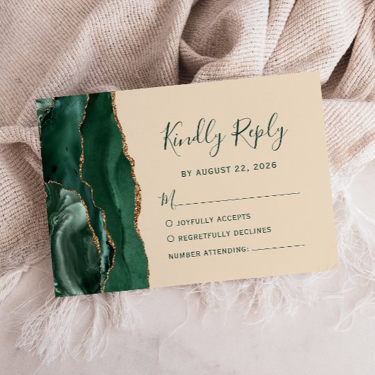 Moderne Emerald Green Gold Agate Champagne Wedding RSVP Karte