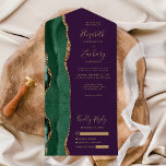 Moderne Emerald Green Gold Agate Lila Hochzeit All In One Einladung<br><div class="desc">Die links Kulisse dieser eleganten, modernen und einladenden Hochzeitseinladung und der UAWG mit einem smaragdgrünen Aquarellrand besticht durch den goldenen Glitzer der Imitate. Der anpassbare Text kombiniert goldfarbene whimsical Handschriftenschrift, Copperplate und kursiv Schriftart auf einem lila Hintergrund. Die Rücksendeadresse erscheint auf der Außentafel und auf der Rückseite der abnehmbaren RSVP-Karte...</div>