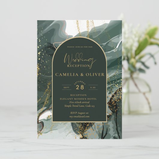 Moderne Emerald Green Gold Agate Wedding RECEPTION Einladung (Stehend Vorderseite)