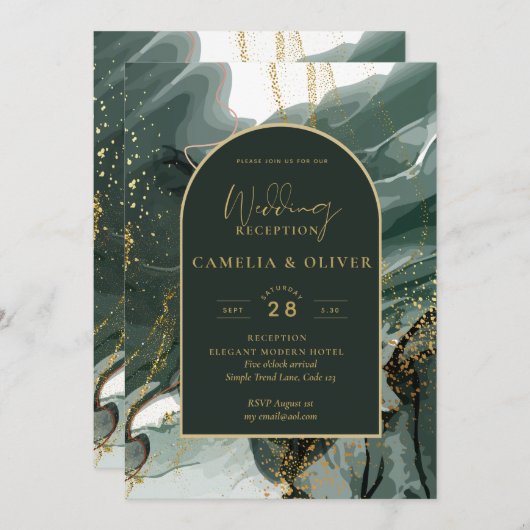 Moderne Emerald Green Gold Agate Wedding RECEPTION Einladung (Vorne/Hinten)