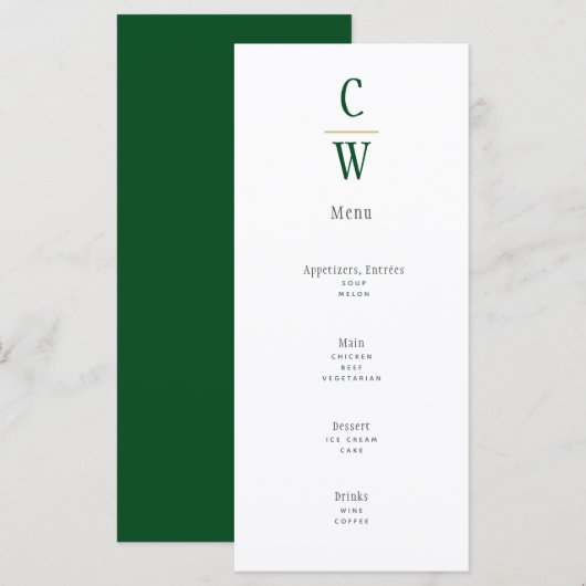 Moderne Emerald Green Gold Wedding Mit Monogramm Menükarte (Vorne/Hinten)