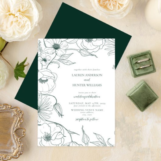Moderne Emerald Green Line Art Floral Wedding Einladung