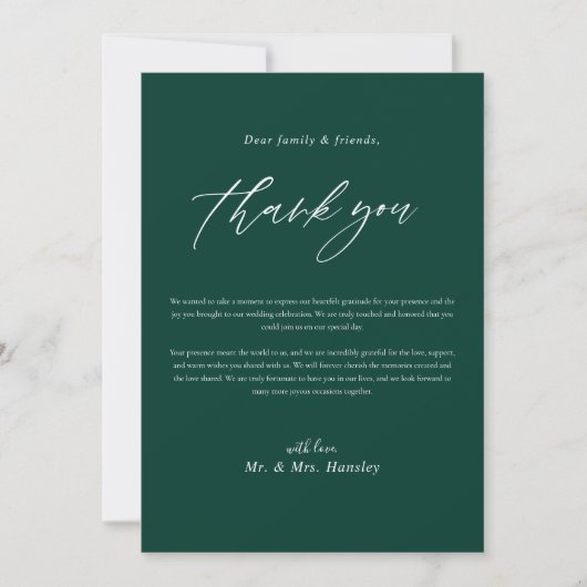 Moderne Emerald Green Minimal Calligrafy Wedding Dankeskarte (Vorderseite)