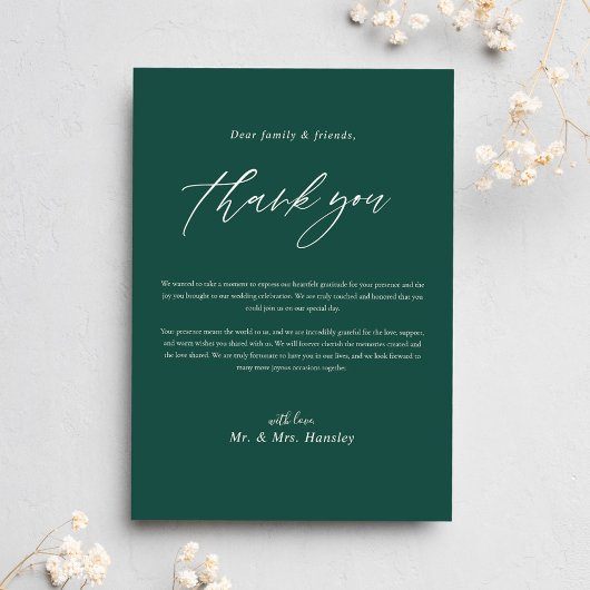 Moderne Emerald Green Minimal Calligrafy Wedding Dankeskarte