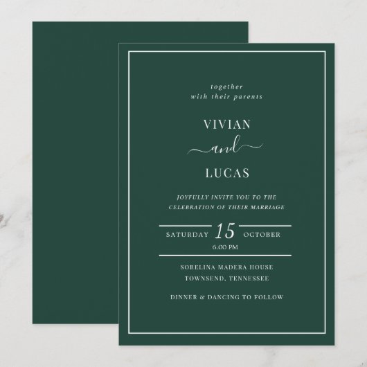 Moderne Emerald Green Minimal Wedding Einladung (Vorne/Hinten)