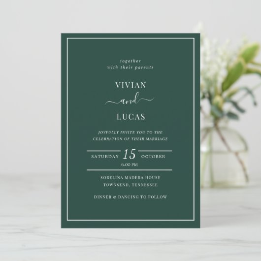 Moderne Emerald Green QR Code Minimal Wedding Einladung (Stehend Vorderseite)