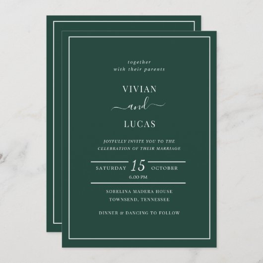 Moderne Emerald Green QR Code Minimal Wedding Einladung (Vorne/Hinten)