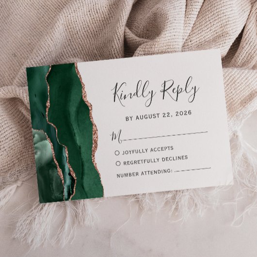 Moderne Emerald Green Rose Gold Agate Wedding RSVP Karte
