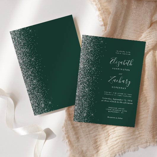 Moderne Emerald Green Silver Imitats Glitzer Weddi Einladung