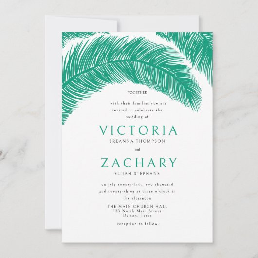 Moderne Emerald Green Summer Palm Blätter Wedding Einladung (Vorderseite)