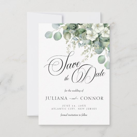 Moderne Emerald Greenery Save the Date Card (Vorderseite)