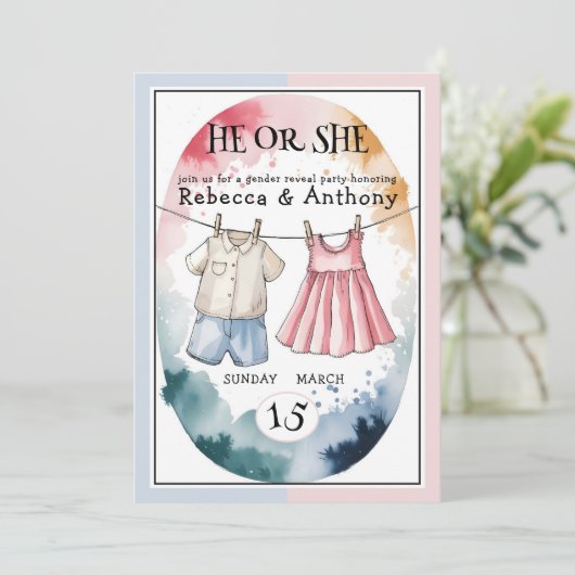 Moderne Er oder Sie Aquarellkleidung Geschlecht of Einladung (Stehend Vorderseite)