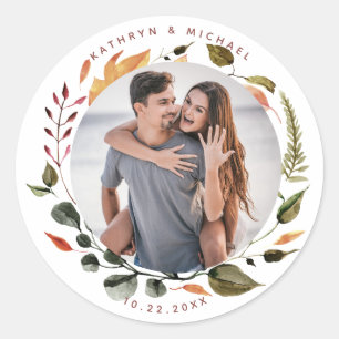 Moderne Erdfarben Kranz Florales Foto Runder Aufkleber