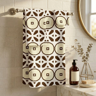 Moderne erdige braune Creme-Mosaik-Geometrie-Muste Badhandtuch Set