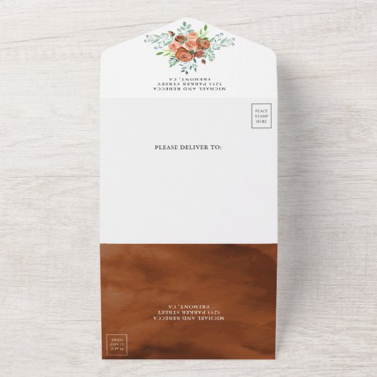 Moderne, erdige Burnt Orange Blumenzwiese All In One Einladung (Außenbereich)