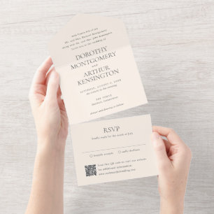 Moderne erdige neutrale QR-Code elegante Hochzeit All In One Einladung
