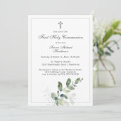 Moderne Erste Heilige Kommunion Eukalyptus Grüne Einladung (Stehend Vorderseite)