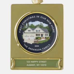 Moderne erste Weihnachten in unserem neuen Zuhause Banner-Ornament Gold
