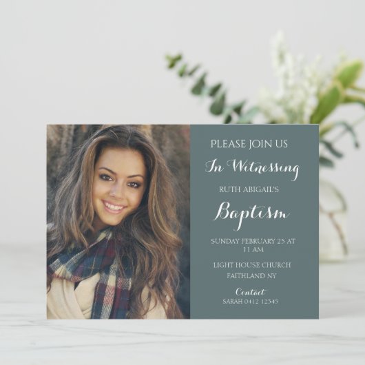 Moderne Erwachsene Taufe Custom Foto Einladung (Stehend Vorderseite)