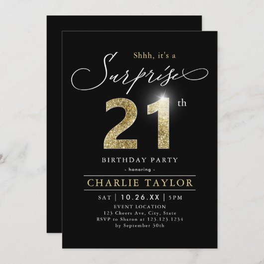 Moderne Erwachsenenüberraschung in Schwarz und Gol Einladung (Vorne/Hinten)
