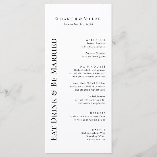 Moderne Essgetränke Verheiratet Hochzeit. Menükarte (Vorderseite)