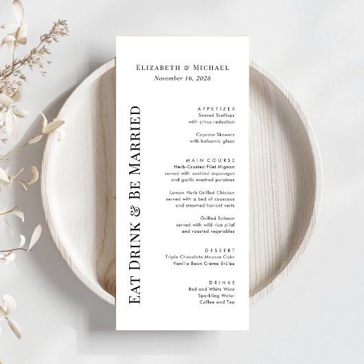 Moderne Essgetränke Verheiratet Hochzeit. Menükarte