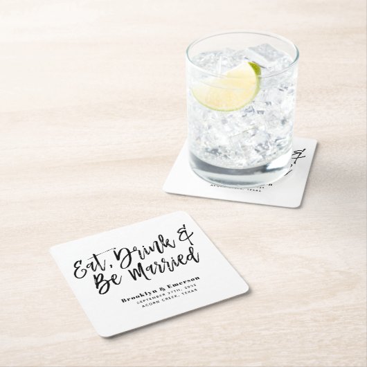 Moderne Essgetränke Verheiratet Hochzeit. Rechteckiger Pappuntersetzer (Vor Ort)