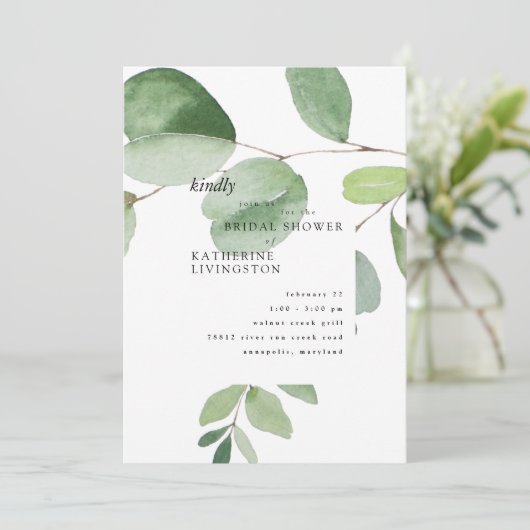 Moderne Eucalyptus Bridal Dusche Einladung (Stehend Vorderseite)