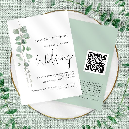 Moderne Eucalyptus Elegante Script QR Code Hochzei Einladung