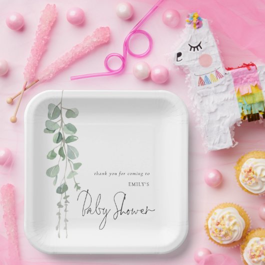 Moderne Eucalyptus Name Baby Dusche Pappteller (Party)