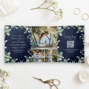 Moderne Eucalyptus QR Code Navy Blue Wedding Dreifach Gefaltete Einladung