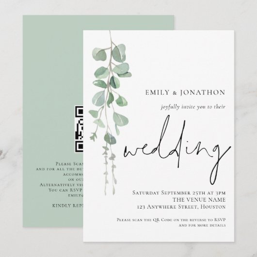 Moderne Eucalyptus Script QR Code Hochzeit Einladung (Vorne/Hinten)