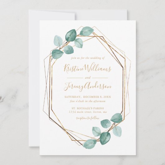 Moderne Eucalyptus Watercolor Gold Script Wedding Einladung (Vorderseite)
