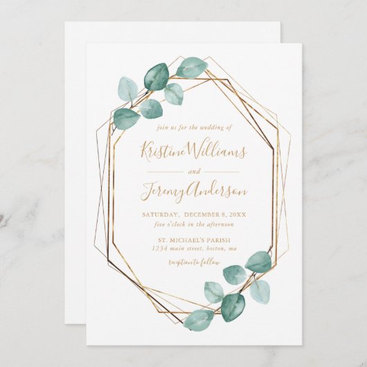 Moderne Eucalyptus Watercolor Gold Script Wedding Einladung (Vorne/Hinten)