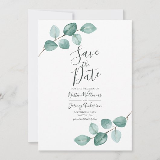 Moderne Eucalyptus Watercolor Gold Script Wedding Save The Date (Vorderseite)