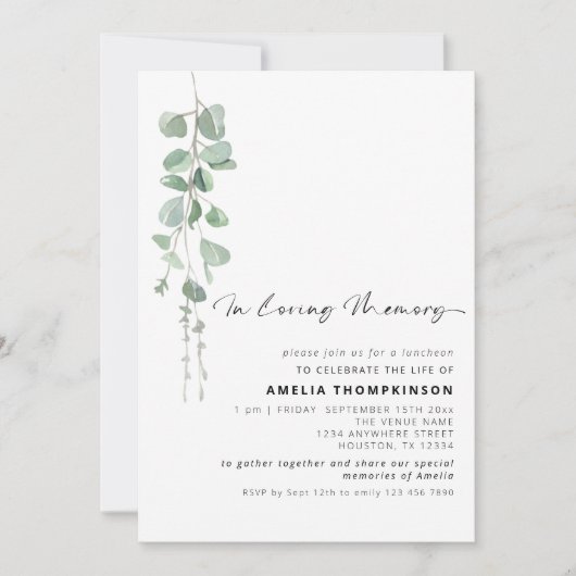 Moderne Eukalyptus-Beerdigung im Gedächtnis Einladung (Vorderseite)