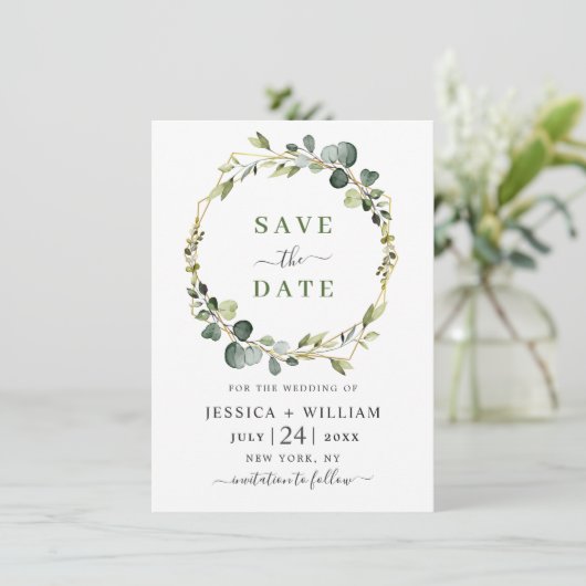 Moderne Eukalyptus-Bläserrahmen Save The Date (Stehend Vorderseite)