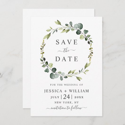 Moderne Eukalyptus-Bläserrahmen Save The Date (Vorne/Hinten)