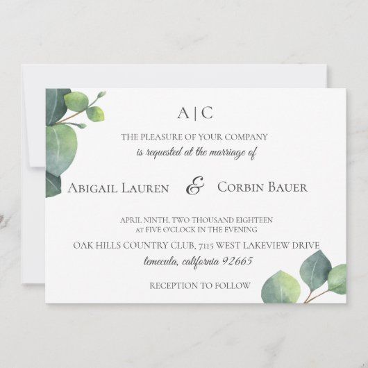 Moderne Eukalyptus-Blatt-Hochzeits-Einladung Einladung (Vorderseite)