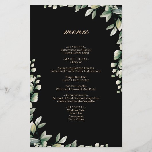 Moderne Eukalyptus-Blätter Hochzeitsmenü (Vorderseite)