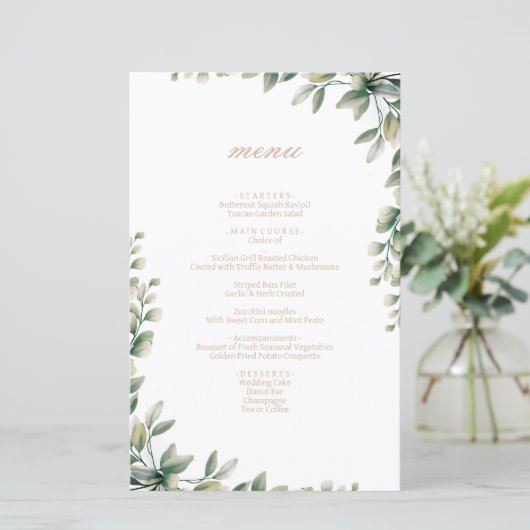 Moderne Eukalyptus-Blätter Hochzeitsmenü (Stehend Vorderseite)